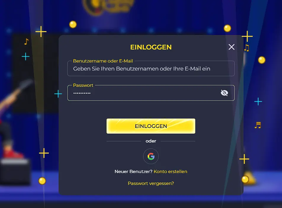 Rolling Slots Login-Fenster mit E-Mail und Passwort